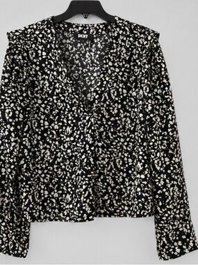 DKNY Black and Ivory Printed V-Neck Long Sleeve Blouse